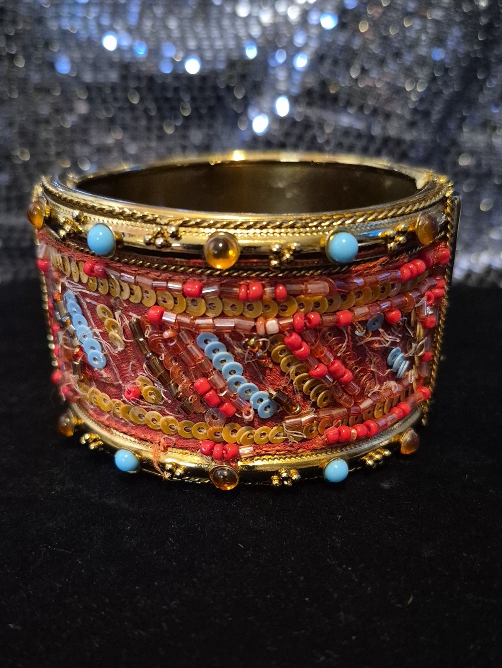 Embellished Beaded Cuff Bracelet - Red & Turquoise Accents
